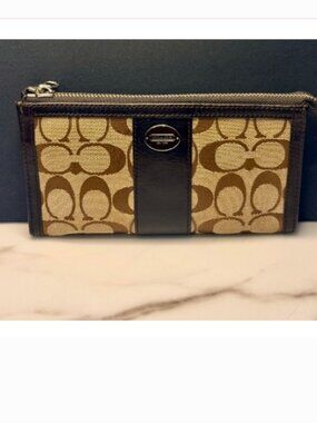 Coach Signature Canvas Double Zip Pouch Wallet Brown